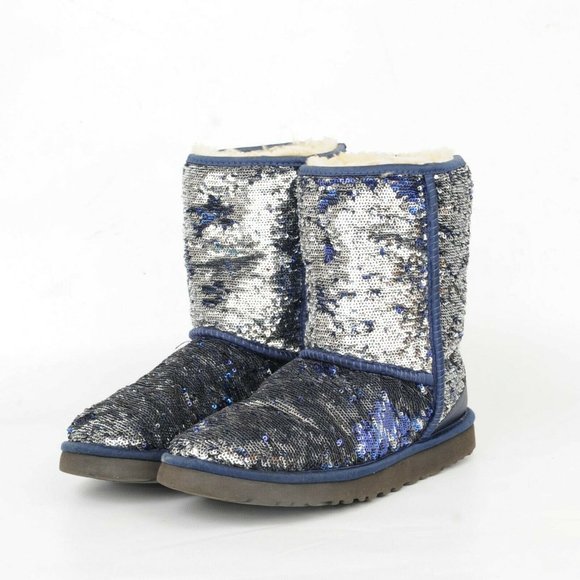 UGG Australia Classic Short Blue Sparkle Sequin Sherpa Boots Womens 7 1002765